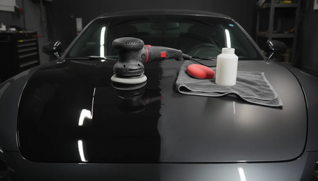A dual action polisher on a dark car bonnet with one corrected glossy section beside a dull hazed section