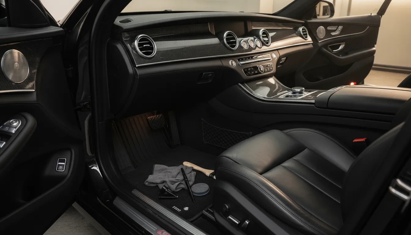 A cleaned car interior with black leather seats, vacuum lines in the carpet, and a matte dashboard