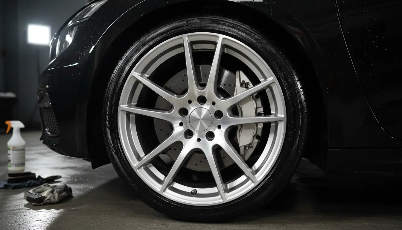 A cleaned alloy wheel and brake caliper on a dark car with a matte dressed tyre