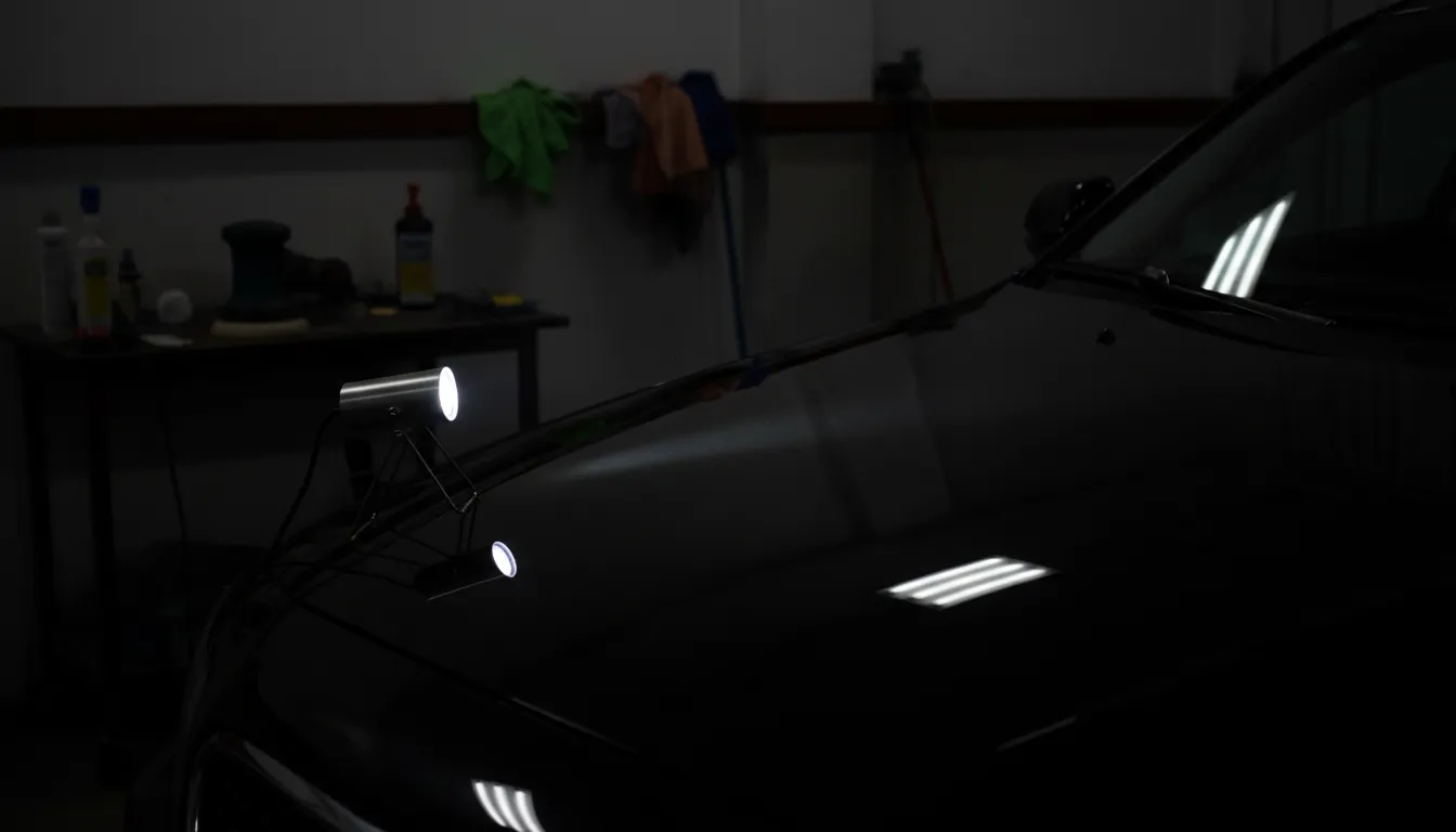 A handheld inspection light raking across a dark car bonnet showing a flawless paint surface