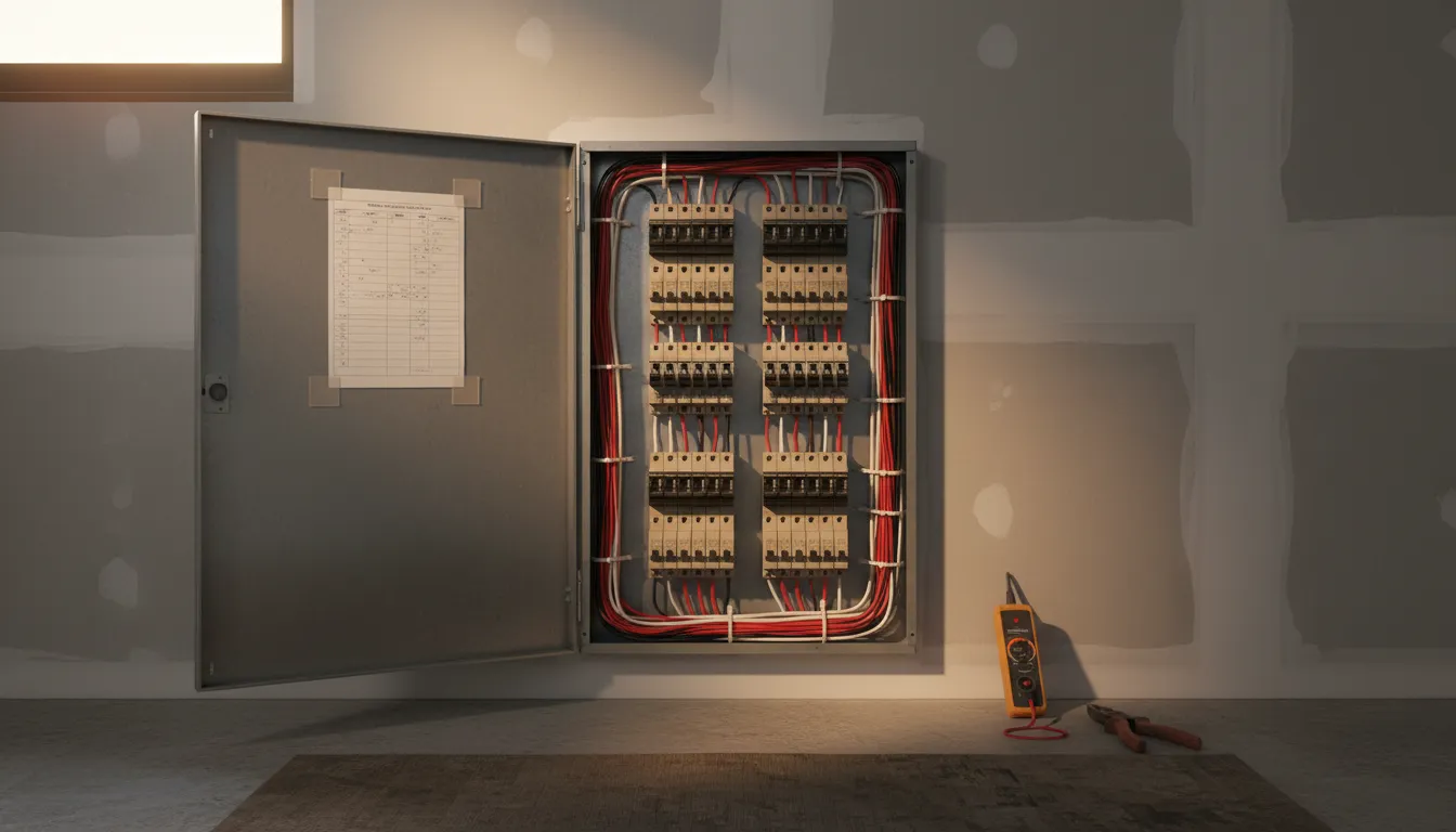 An open residential electrical panel with circuit breakers in rows and conductors dressed in neat right angle bends