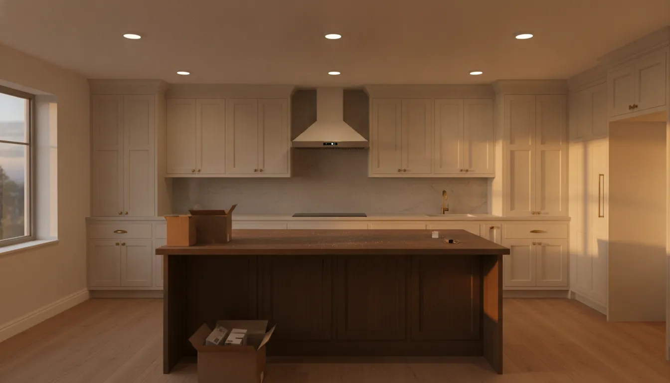 Recessed LED downlights installed in a straight run across a finished kitchen ceiling