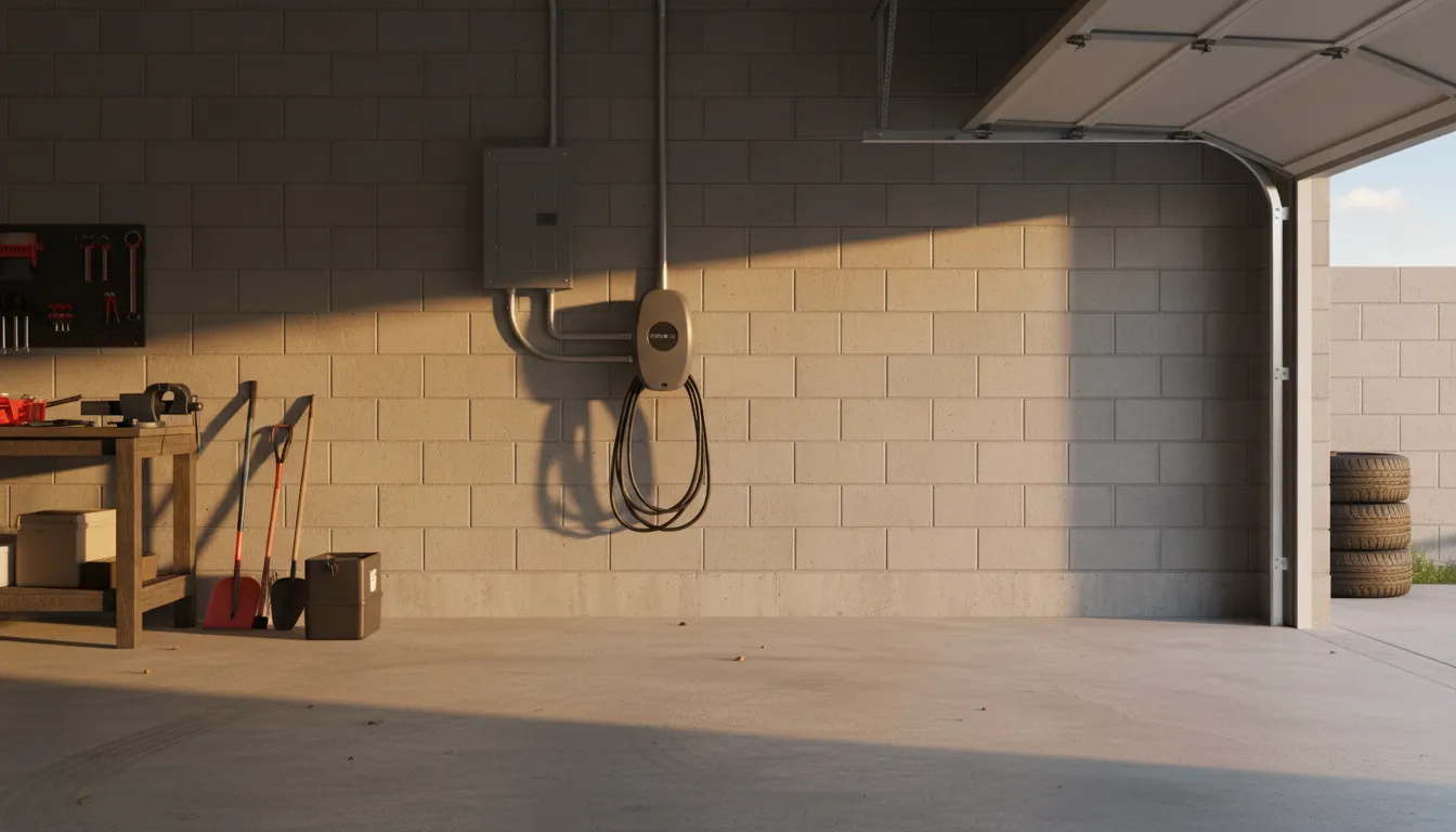 A wall mounted electric vehicle charger in a garage with surface conduit running to a subpanel