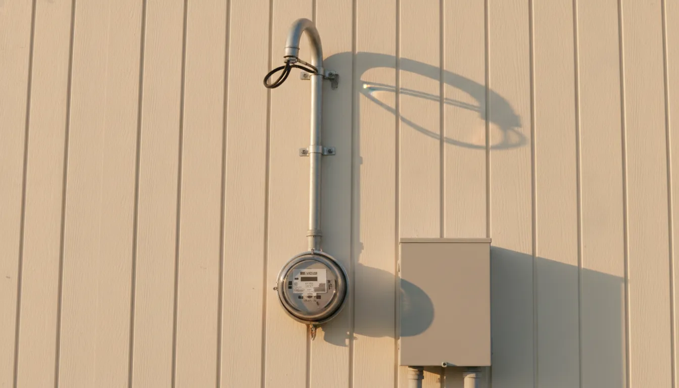 The exterior electrical service of a house showing a meter base, service mast, and disconnect