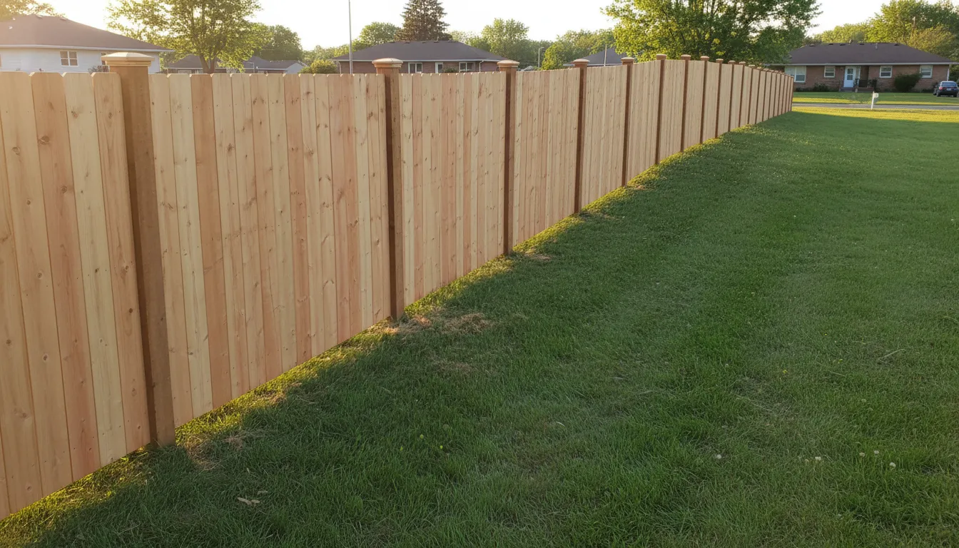 A long cedar privacy fence running along a property line in low evening light