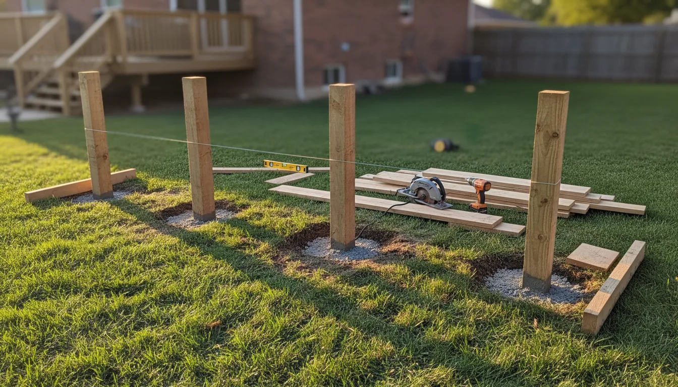 Fence posts newly set in concrete along a string line across a back yard