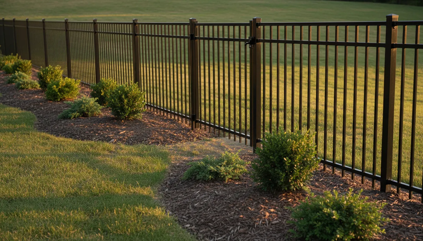 A black aluminium ornamental fence with a matching gate beside a landscaped yard