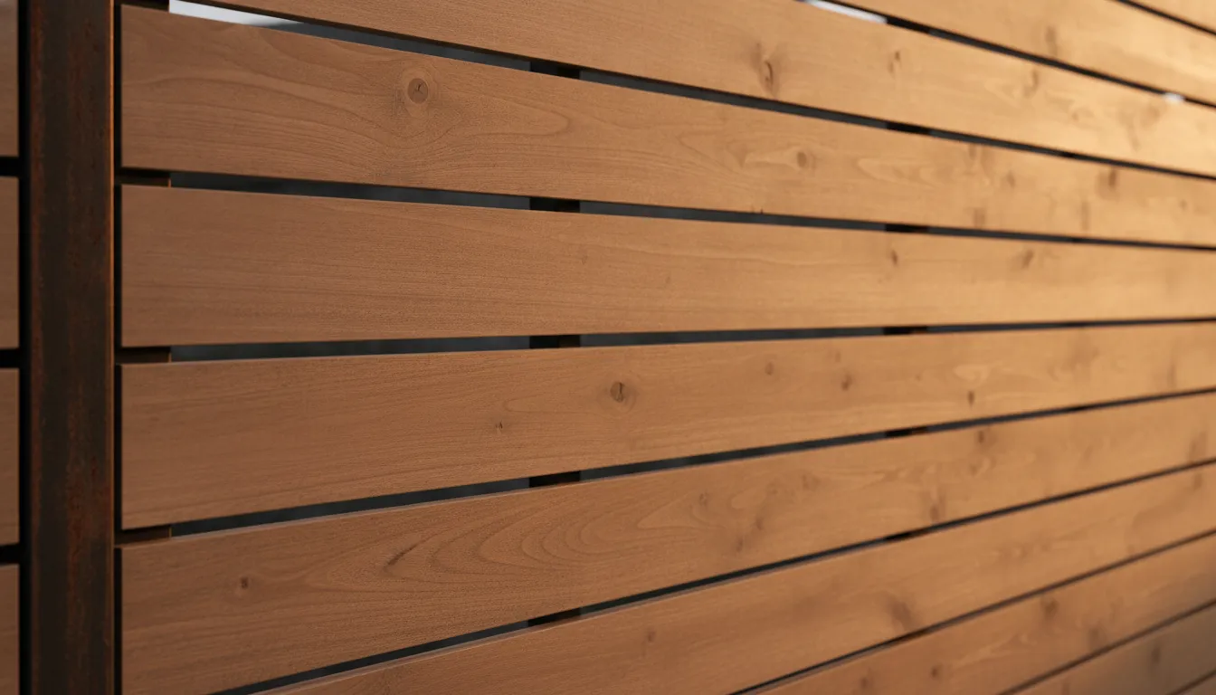A close detail of a horizontal cedar slat fence with even gaps between the boards