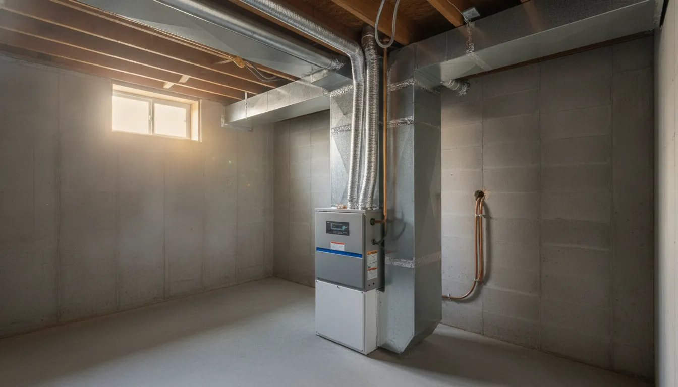 A gas furnace and evaporator coil in an unfinished basement with sheet metal plenum and flexible duct branches overhead