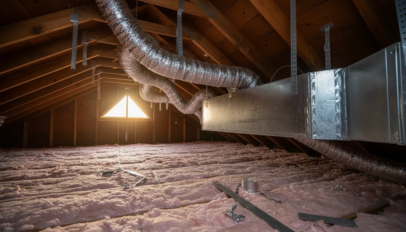 Insulated flexible duct and a rigid sheet metal trunk line running across attic joists above batt insulation