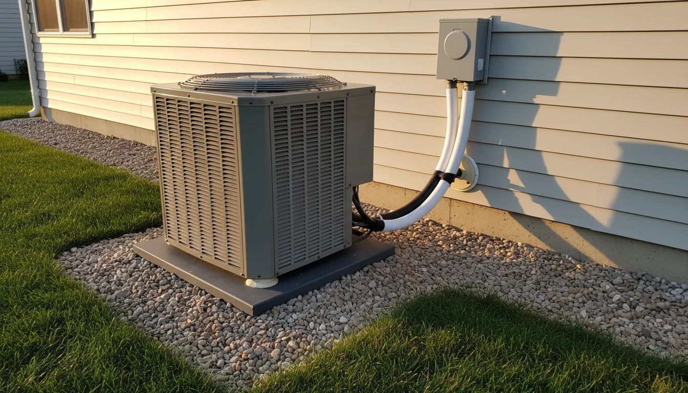 An outdoor condenser unit on a composite pad beside a house with an electrical disconnect box and insulated line set