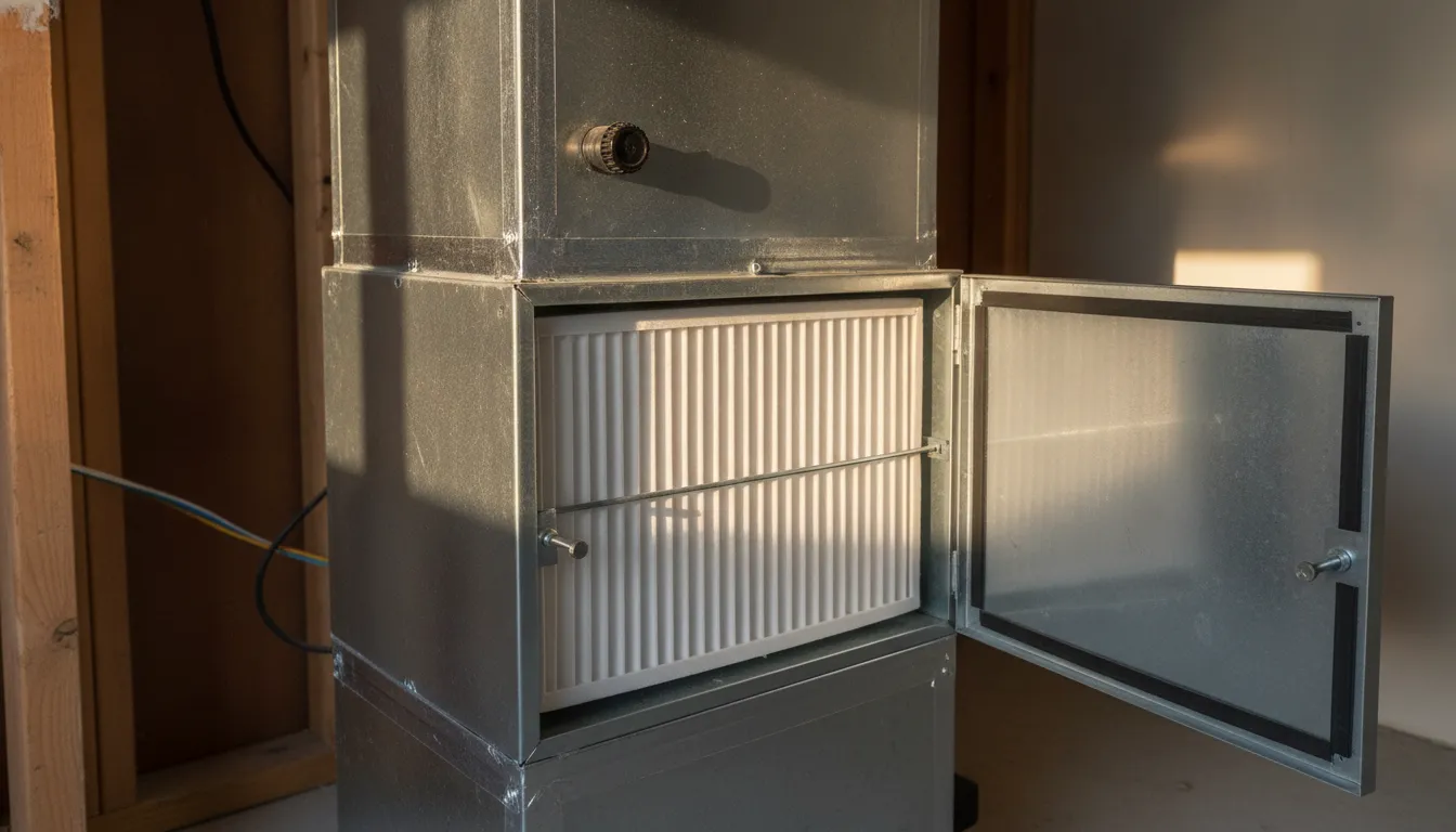 An open filter cabinet on a residential air handler showing a new pleated media filter seated in its rack