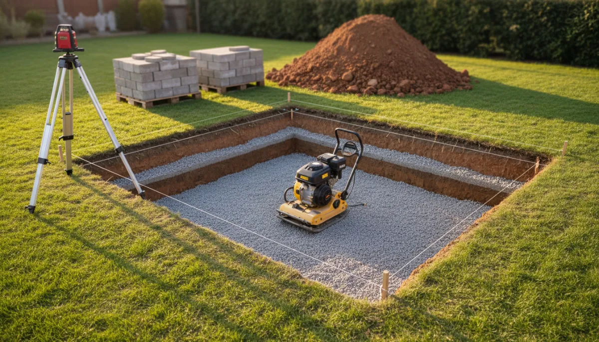 A rectangular hardscape excavation in a garden with a plate compactor on the crushed stone base and string lines marking the level