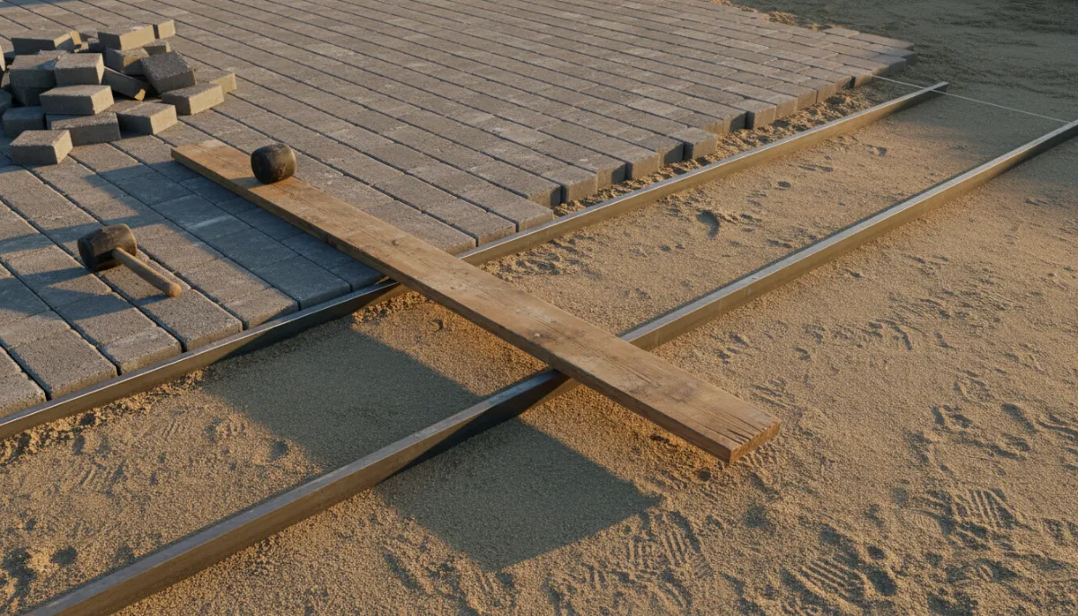 Concrete pavers being laid on screeded sharp sand with steel screed rails and a screed board across them