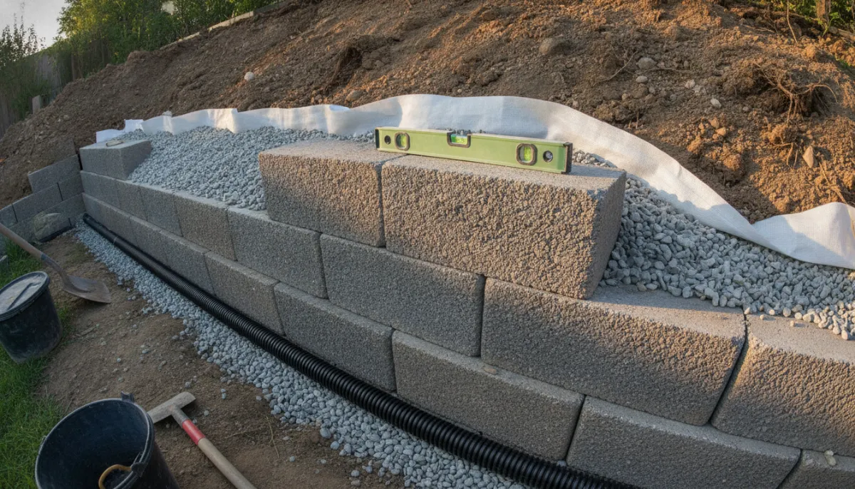A part built segmental retaining wall with angular drainage gravel and a perforated pipe behind the block courses