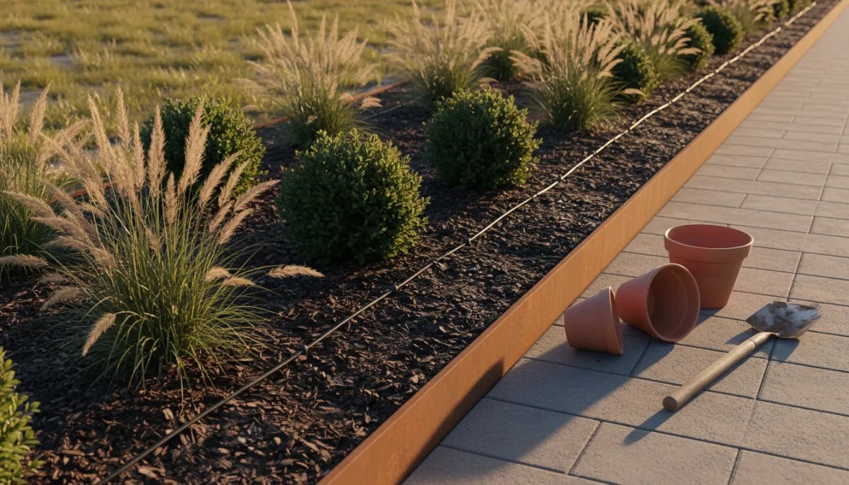 A newly planted garden bed edged in weathered corten steel with ornamental grasses and shrubs in dark bark mulch