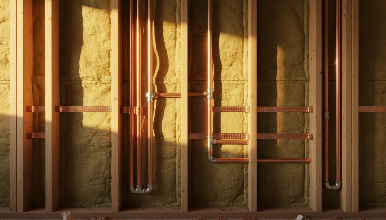Straight runs of copper water pipe with soldered fittings inside an open stud wall cavity