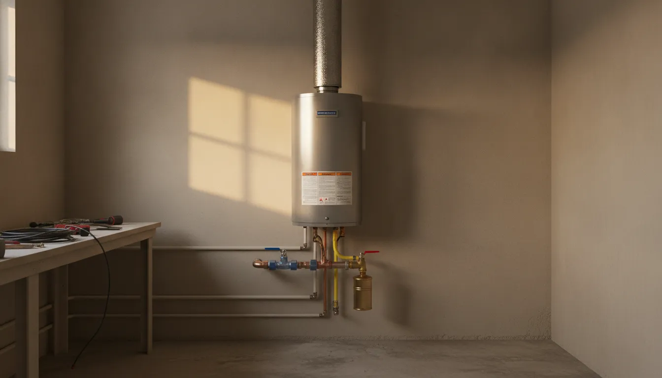 A wall mounted tankless water heater with a stainless flue and isolation valves on the connections