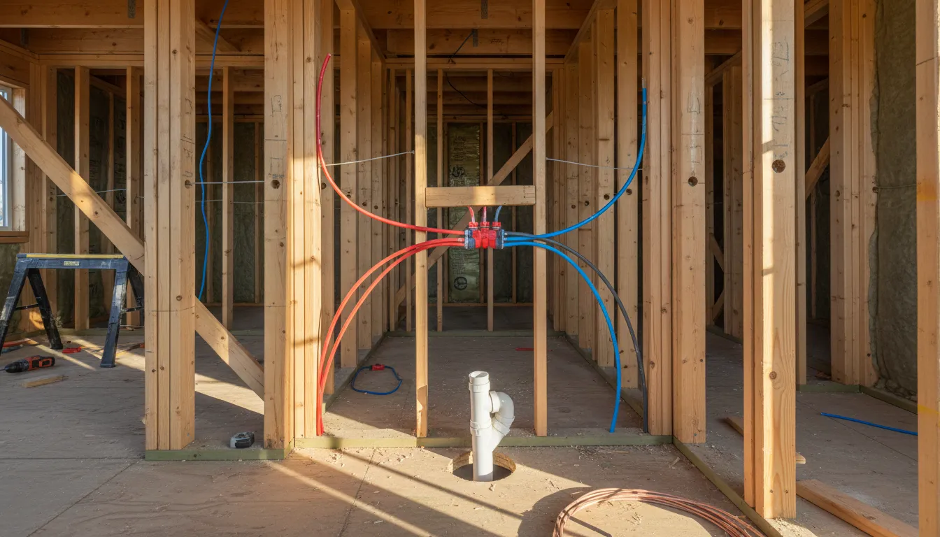 A PEX manifold mounted between wall studs with home run lines fanning out through drilled holes
