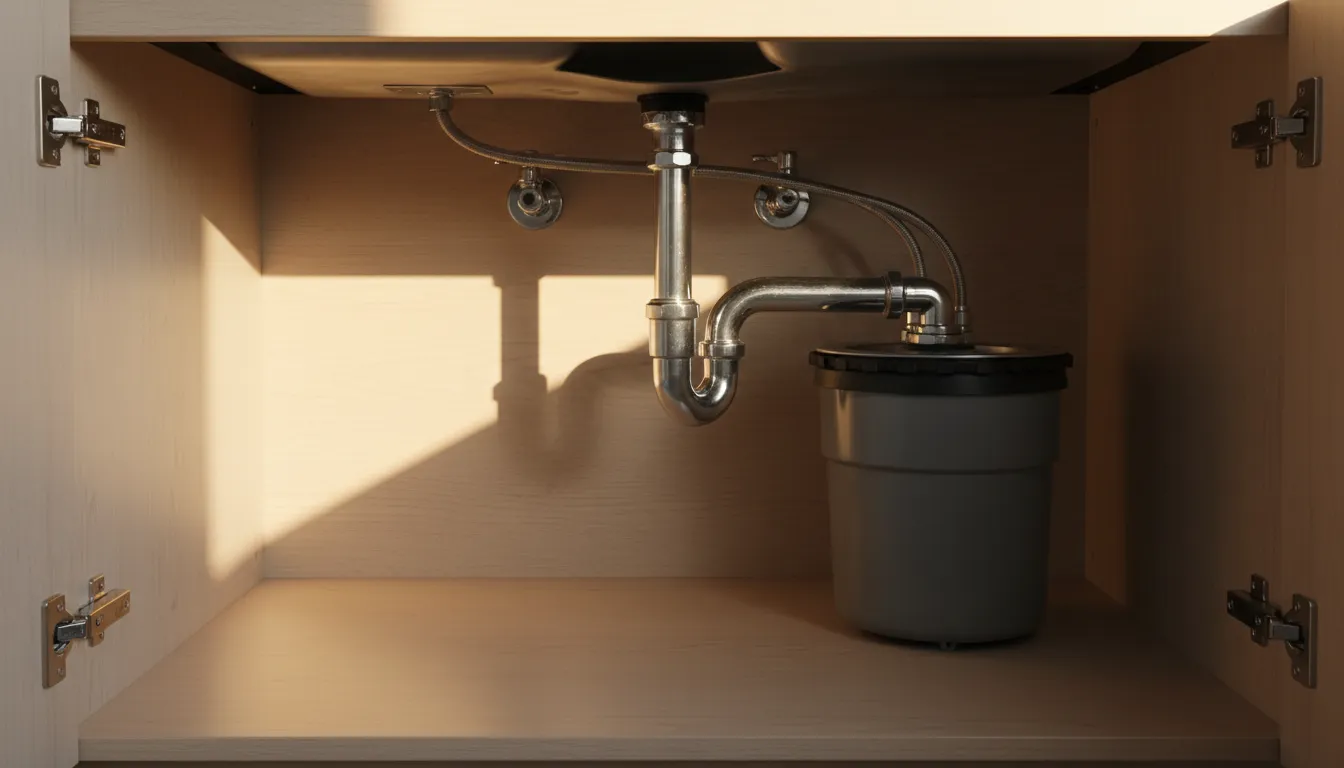 The underside of a kitchen sink cabinet with a chrome P trap, braided supply lines, and angle stops