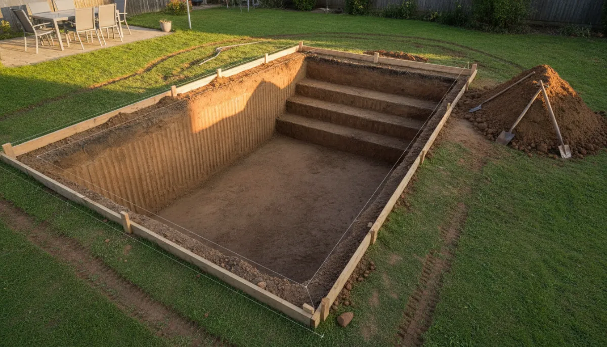 An open swimming pool excavation in a garden with clean earth walls and timber batter boards around the rim