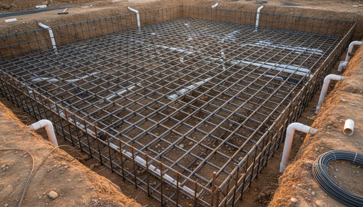 A grid of tied steel reinforcing bar inside a pool excavation with white plumbing pipes running through it