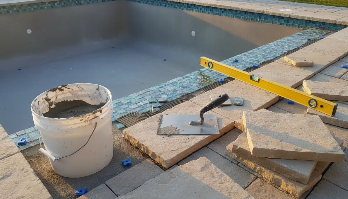Glass mosaic waterline tile being set along the edge of a grey pool shell with stone coping stacked beside it