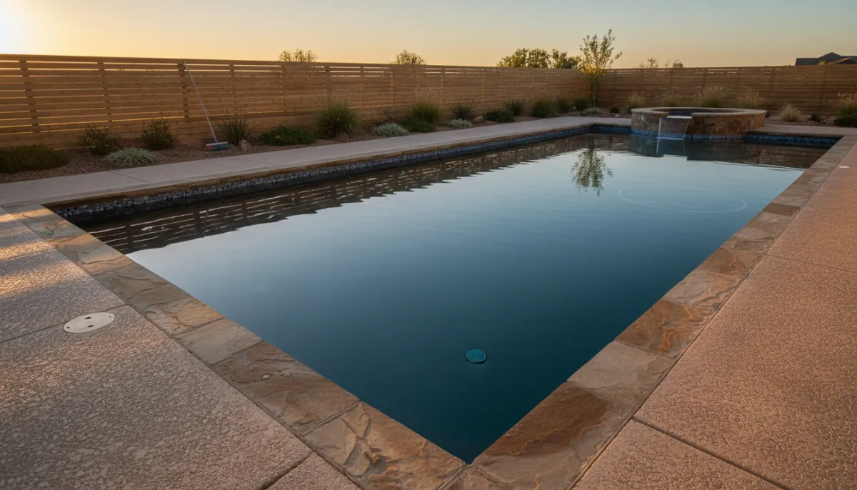 A finished residential swimming pool filled with still water at dusk with stone coping and a concrete deck
