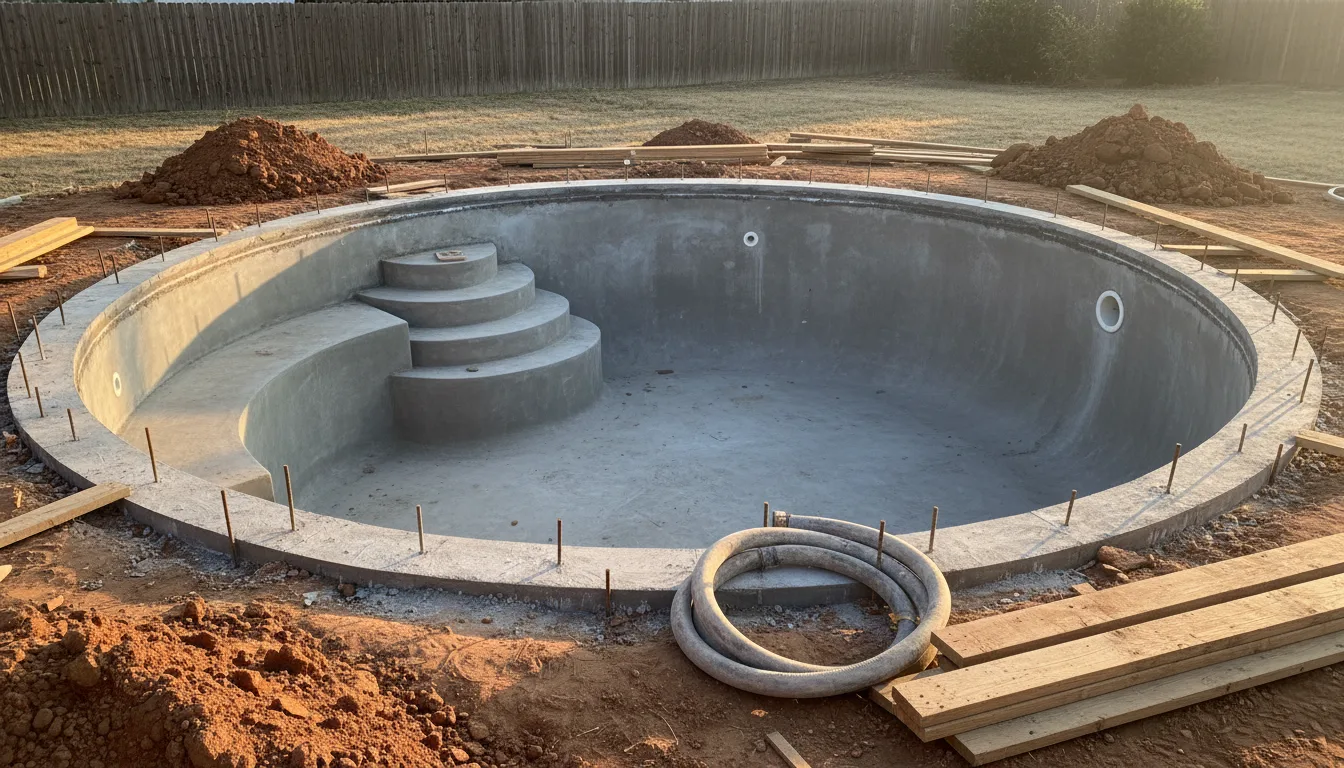 A freshly shot grey gunite pool shell in a back garden with steel bar along the rim and timber forms stacked around it