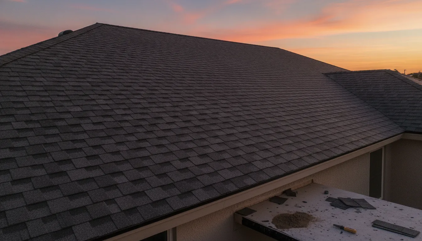 A plane of new architectural asphalt shingles with a ridge cap along the peak
