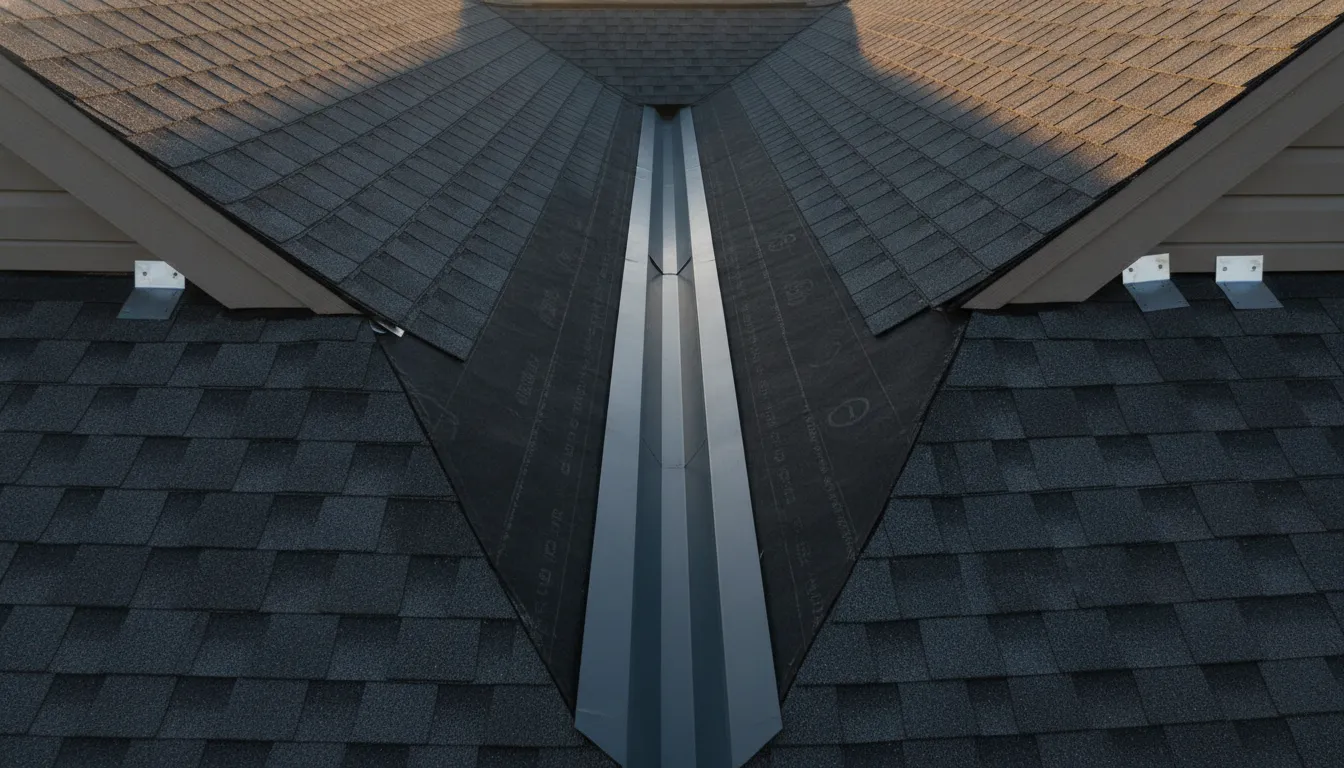 A roof valley with metal valley flashing where two roof planes meet