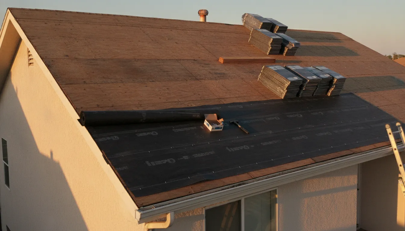 A roof section stripped to bare plywood decking with underlayment partially rolled out