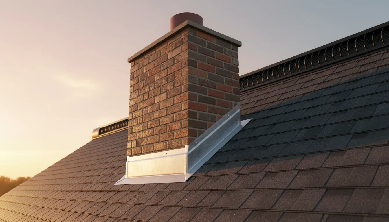 A brick chimney on a roof with new step flashing and counter flashing set into the mortar joints